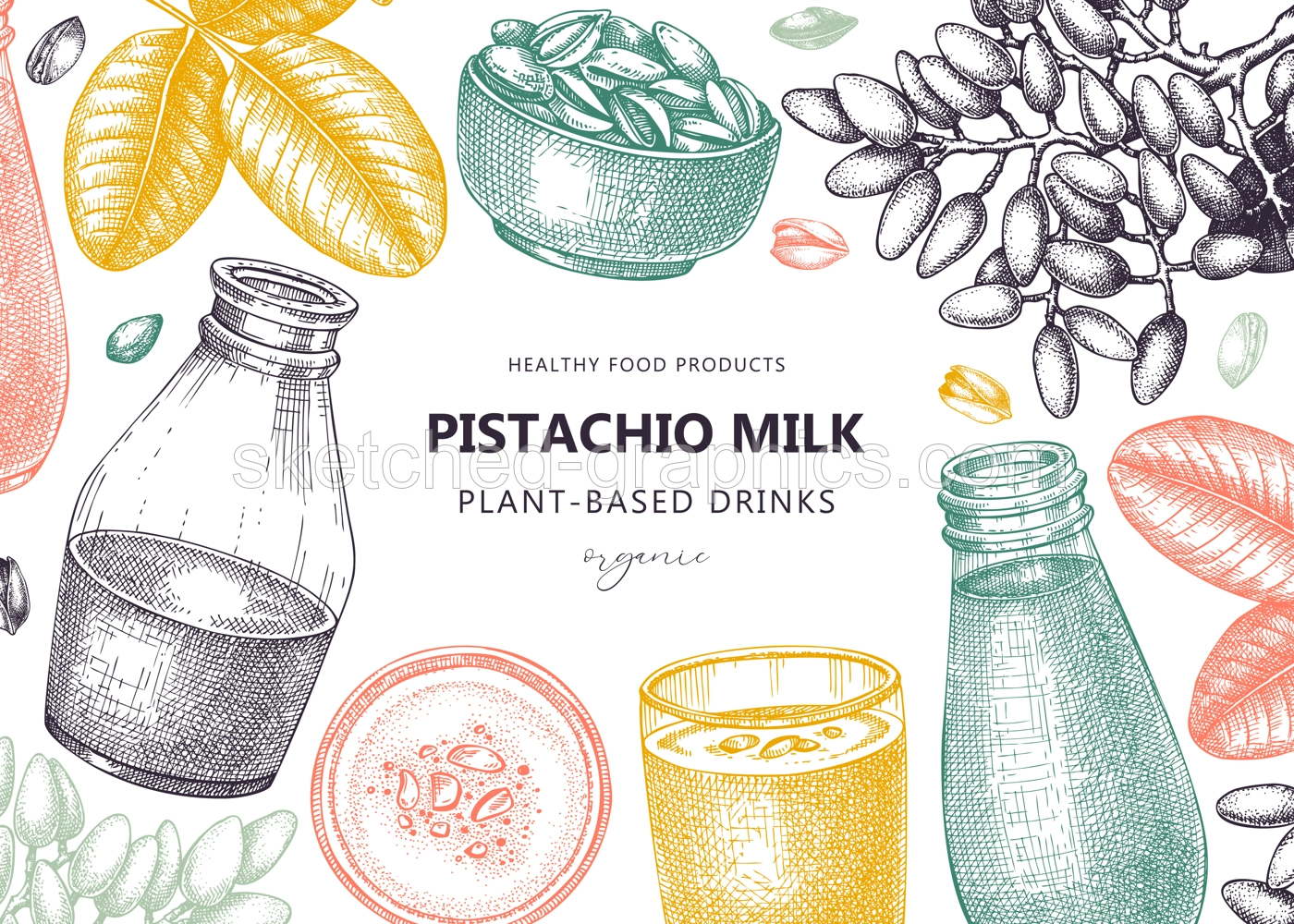 Vegetarian food background. Pistachio milk. Dairy products banner design. Print template with plant milk in glass, bottle, pistachio sketches. Healthy drink, nut milk vector illustration in color Illustration